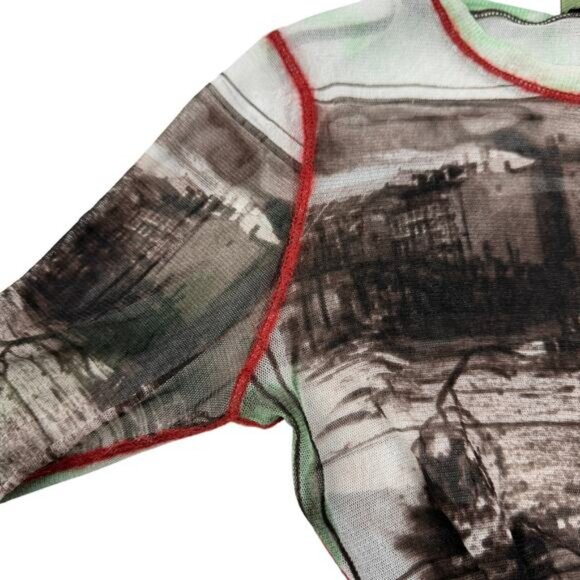 JEAN PAUL GAULTIER Vintage Long Sleeve Mesh Top Sz Large Berlin Wall City Scape - Picture 12 of 12